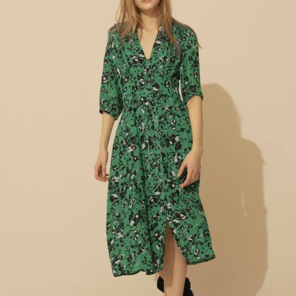 Ba$sh green midi elfe dress size 1 (us2) floral button